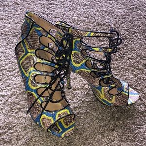 Turquoise and Yellow Brown Snakeskin Heel Sandal